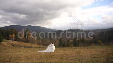 年轻迷人的新娘穿着时尚的婚纱，正沿着山间金色的草地奔跑。